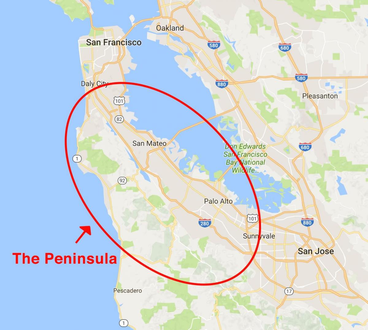 Карта на полуострова на Сан Франциско 