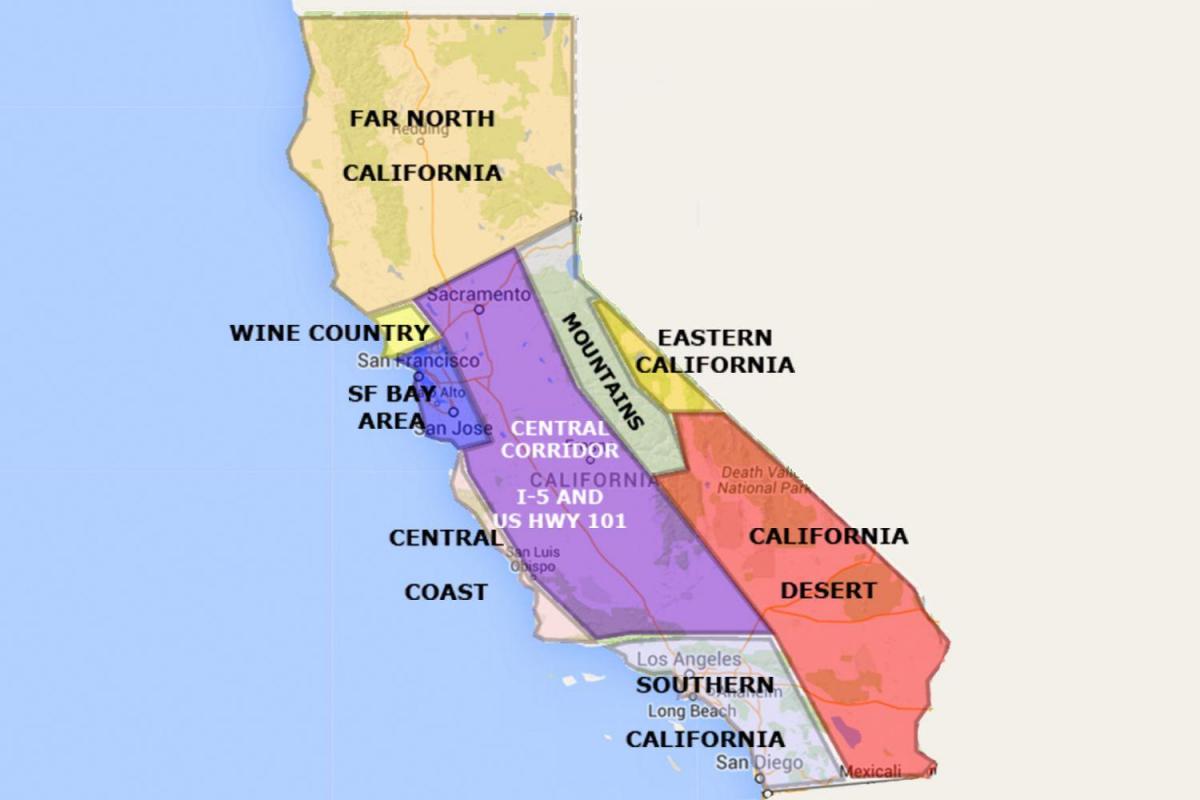 Картата на Калифорния на север от Сан Франциско