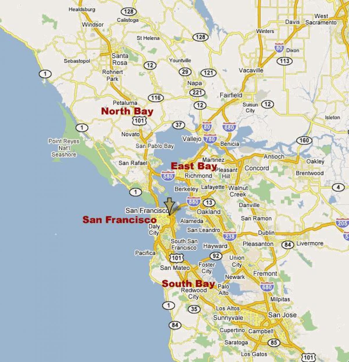 карта на Южна залив в Северна Калифорния